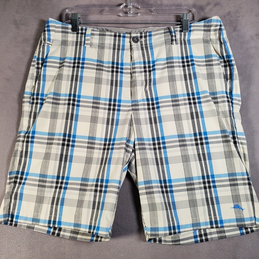 Tommy Bahama Shorts Mens 35 Blue Grey Plaid Stretch Preppy Golf 9" Chino Classic